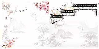 中国风桃花古建筑墙头元素作品集书本案封面背景